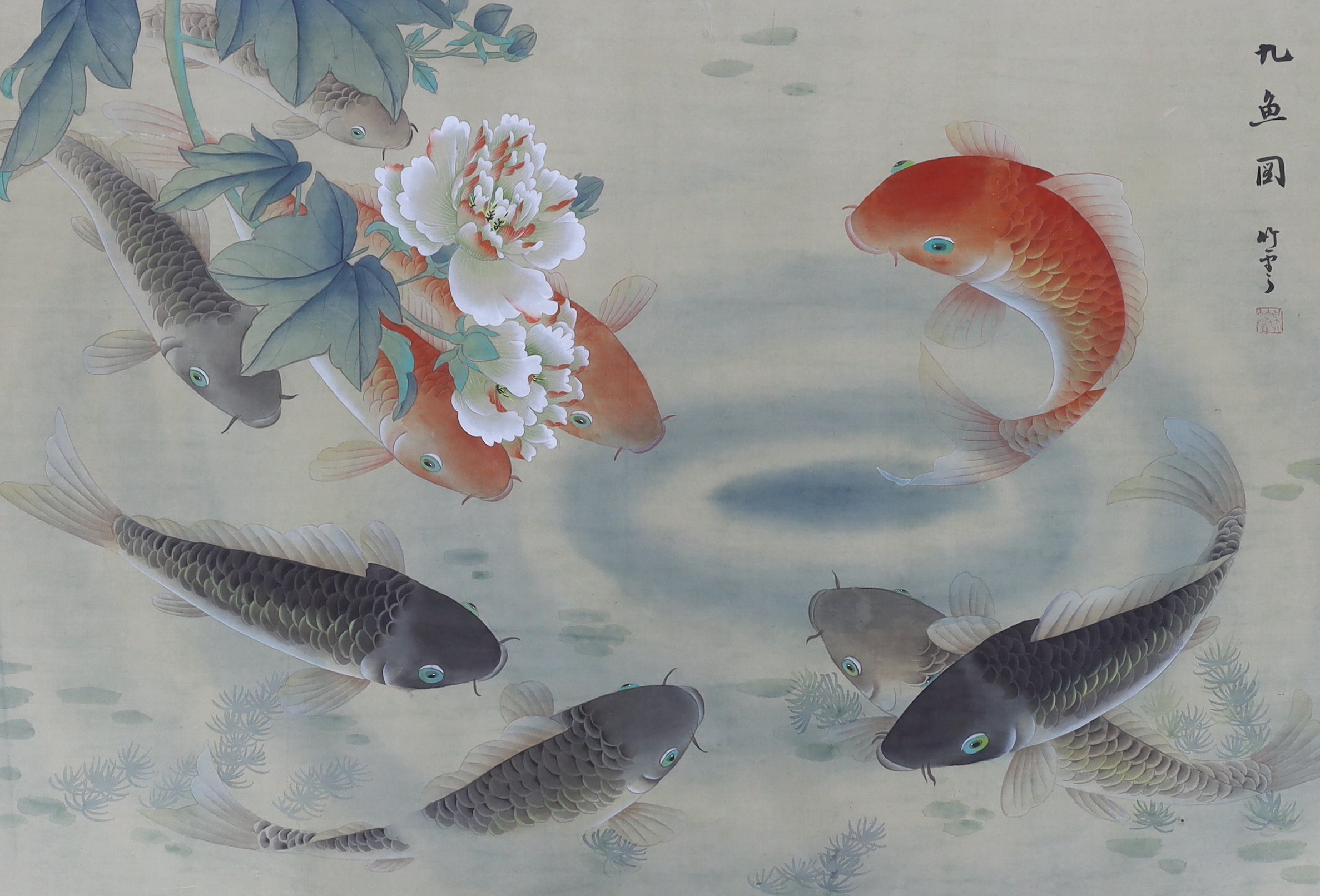 Japanese School, heightened watercolour on silk, Koi carp, 76 x 50cm